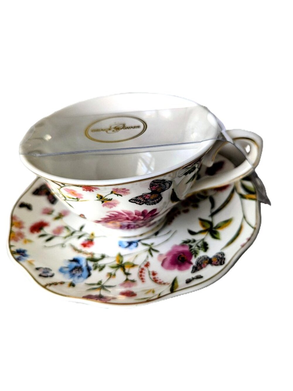 Grace Teaware Porcelain Floral Butterflies Tea Cup & Saucer White/Pink